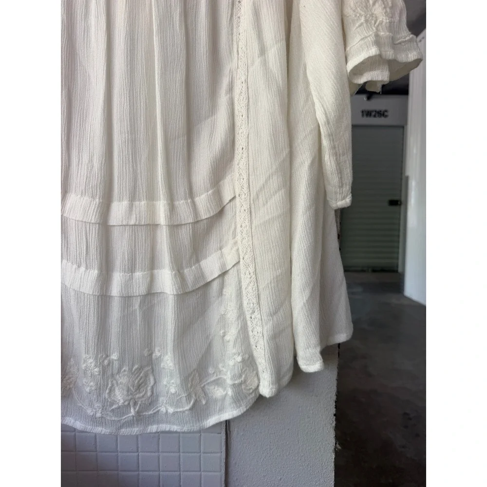 Free People Oversized Peasant Top XS Ivory Strappy Embroidered Boho Bell Sleeve